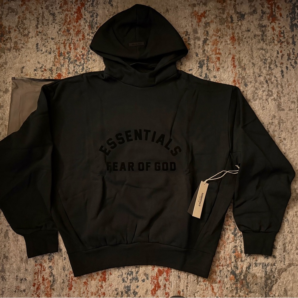 Fear of God ESSENTIALS Black Raised-Logo Hoodie
